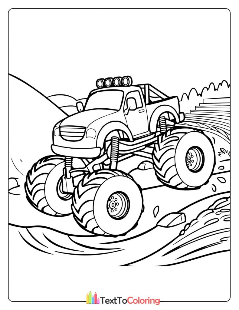 An action packed coloring page of a monster truck driving off road over a rugged landscape.