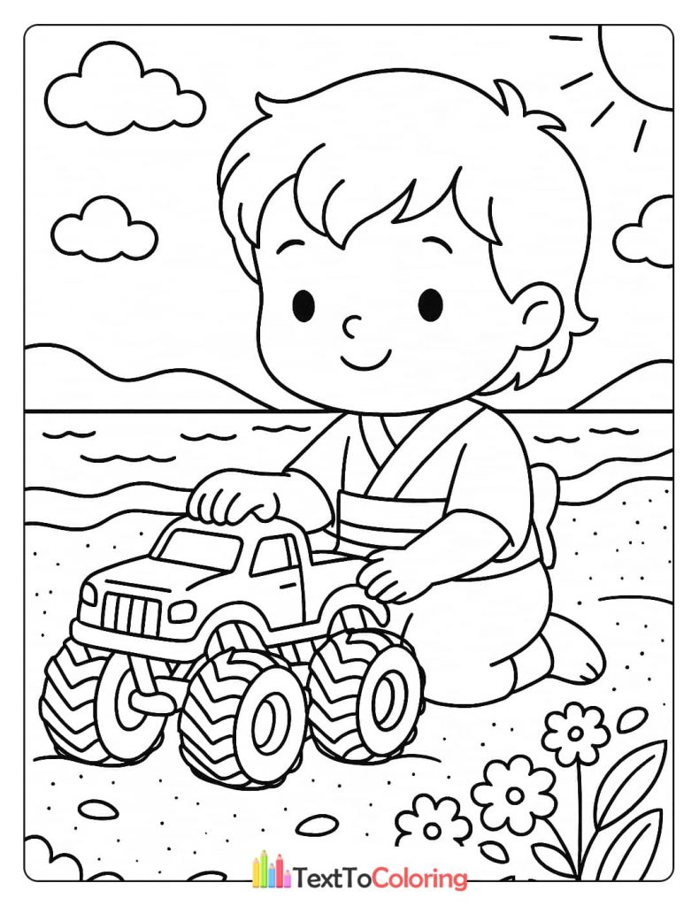 A coloring page of a cute boy in a kimono sitting on the beach and playing with a toy monster truck.