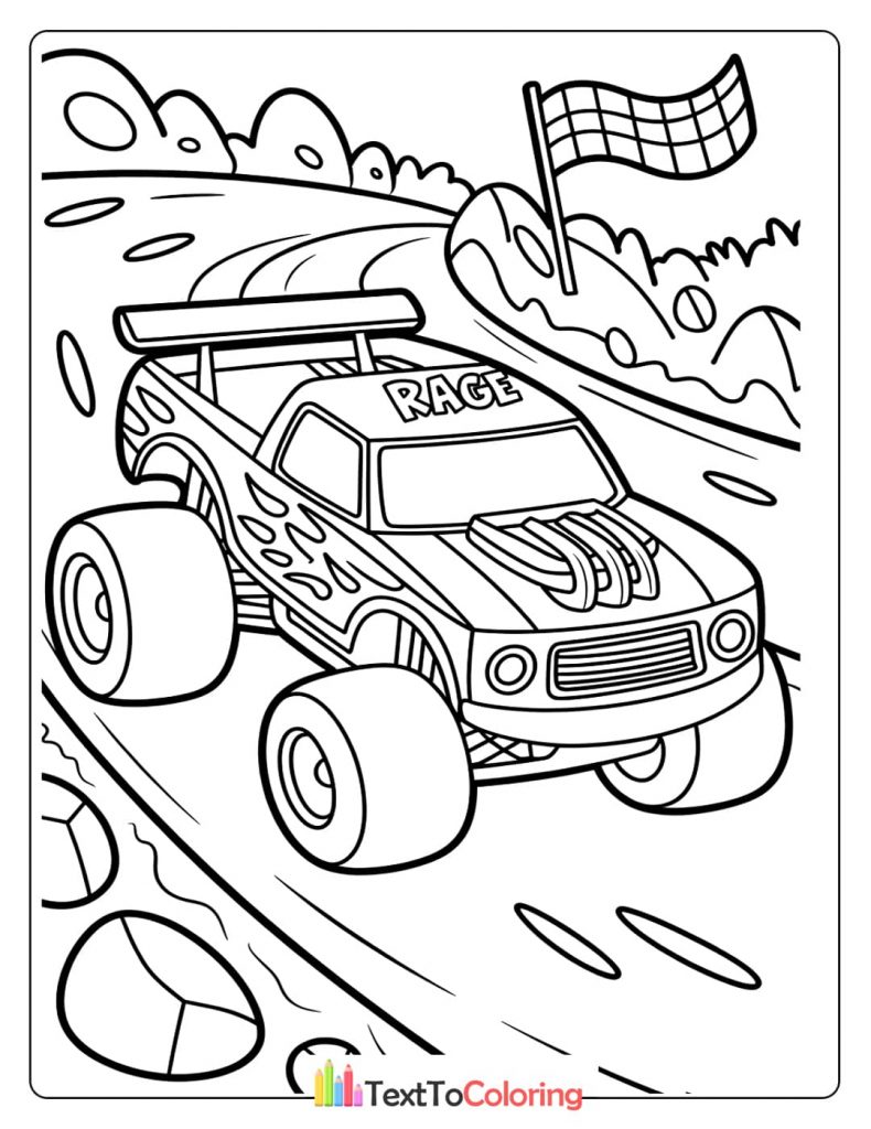 A coloring page of a monster truck with a "RACE" logo on its hood, driving on a winding racetrack with a checkered flag in the background.