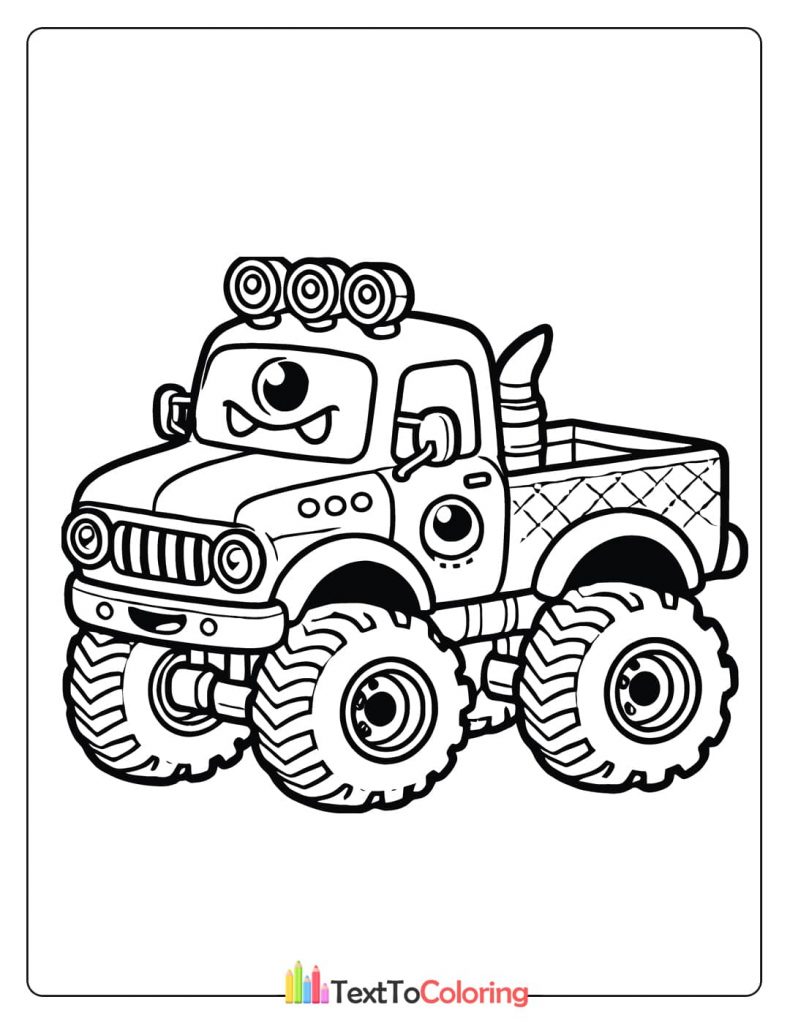 A unique coloring sheet of a one eyed monster truck with a ferocious expression and powerful tires.