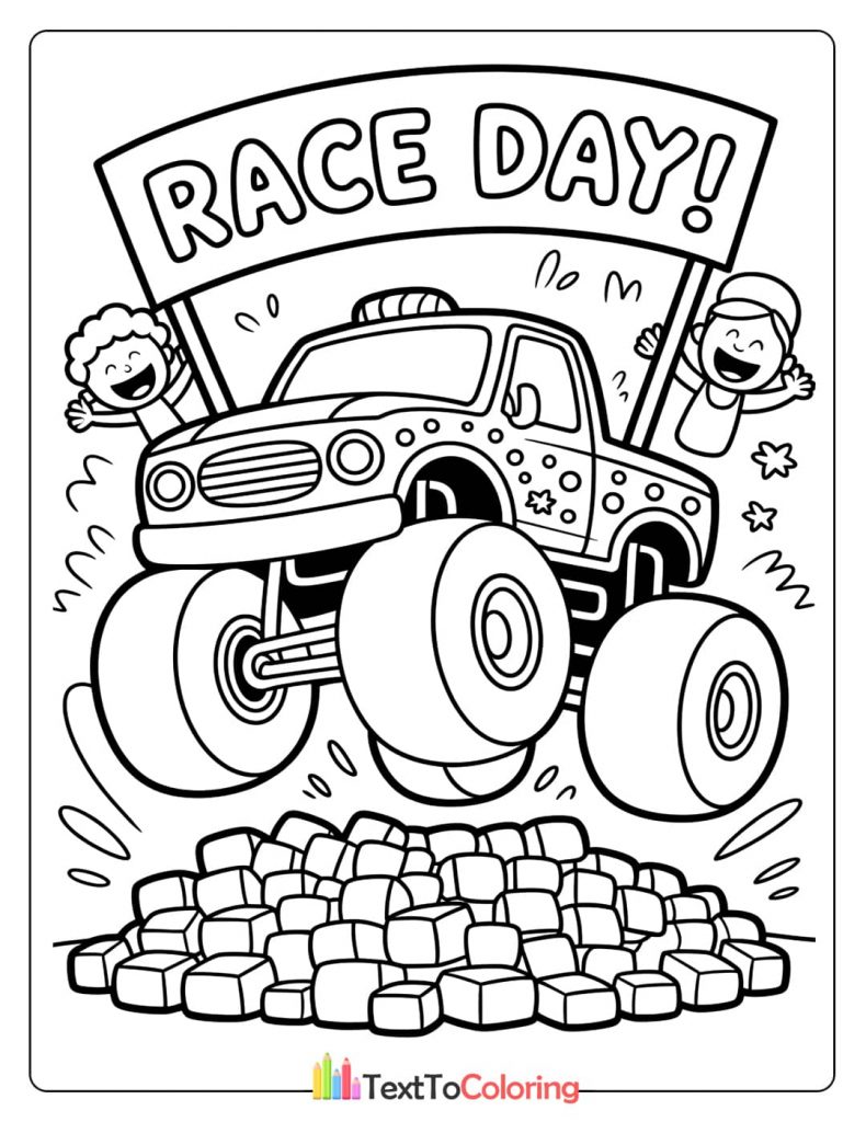A coloring page of a monster truck jumping over a pile of cubes with a "RACE DAY!" banner and two excited children cheering.