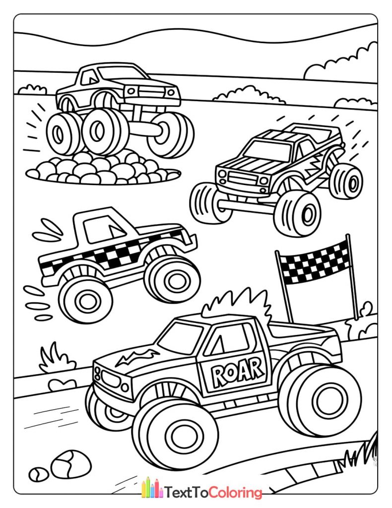 A coloring page of four monster trucks in a race with a checkered flag and a "ROAR" logo on one of the trucks.