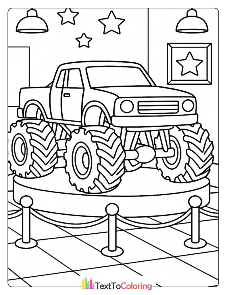 A coloring page of a monster truck on a pedestal display with a starry background.