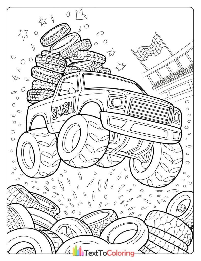 A coloring page of a monster truck with "SMASH!" text on the side, jumping over a pile of tires in a stadium.