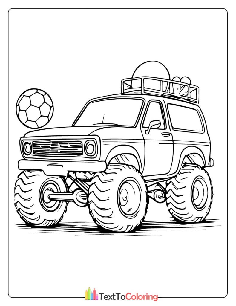 A monster truck coloring page with a soccer ball next to it and bags on the roof rack.