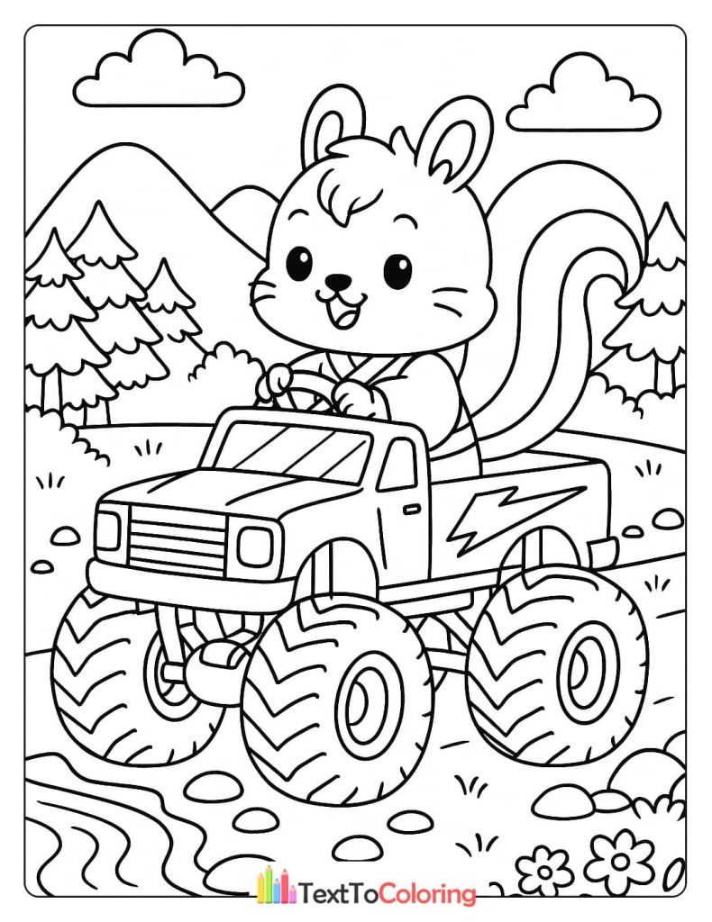 A coloring page of a cute squirrel driving a monster truck through a forest landscape.