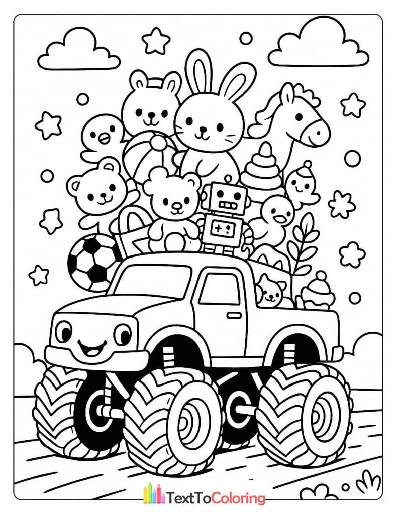 A coloring page of a monster truck with a big smile carrying a variety of toys in its bed, including a robot and a teddy bear.