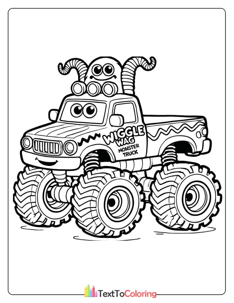 A cartoon monster truck coloring sheet with a "WIGGLE WAG MONSTER TRUCK" logo on the side and a creature with horns on the roof.