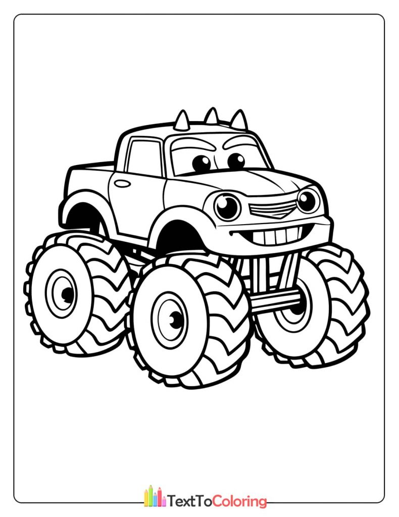 A smiling cartoon monster truck with two small horns on its roof and large, friendly eyes.
