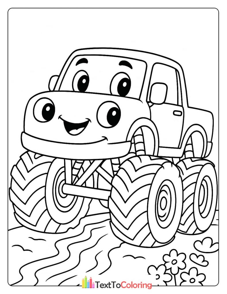 A cute monster truck coloring page with a big smile and large, friendly eyes, driving on a road with flowers nearby.