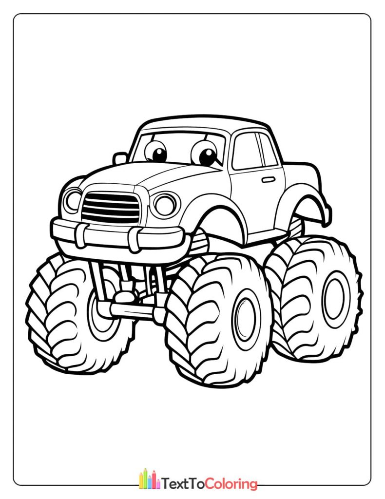 A cute monster truck coloring sheet with a classic car body sitting on a large chassis and huge wheels.