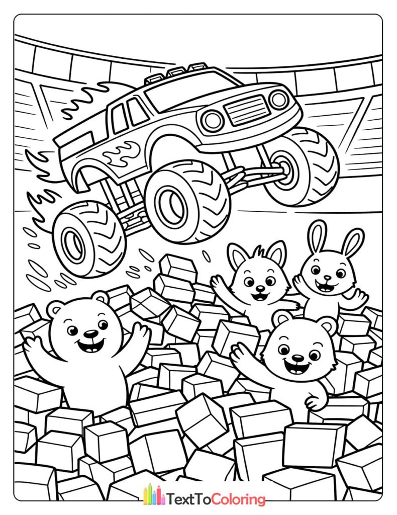 A coloring page of a monster truck jumping over foam cubes while cute cartoon animals cheer and wave below.