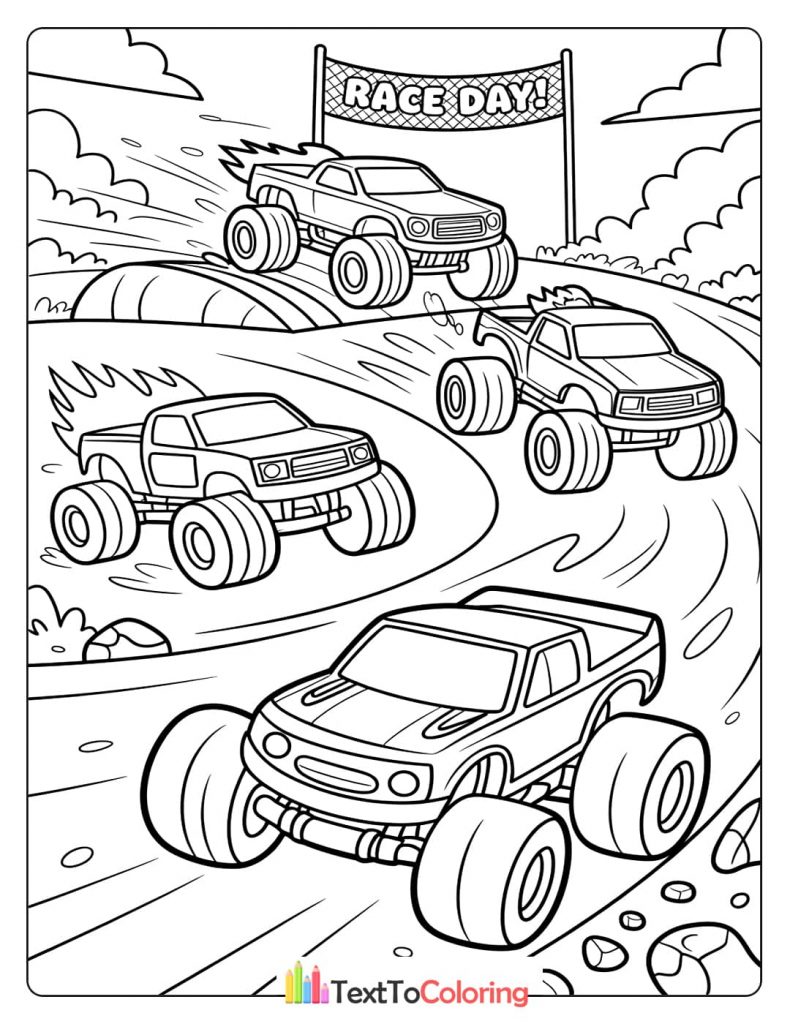 A coloring page of multiple monster trucks racing on a track with a "RACE DAY!" banner.