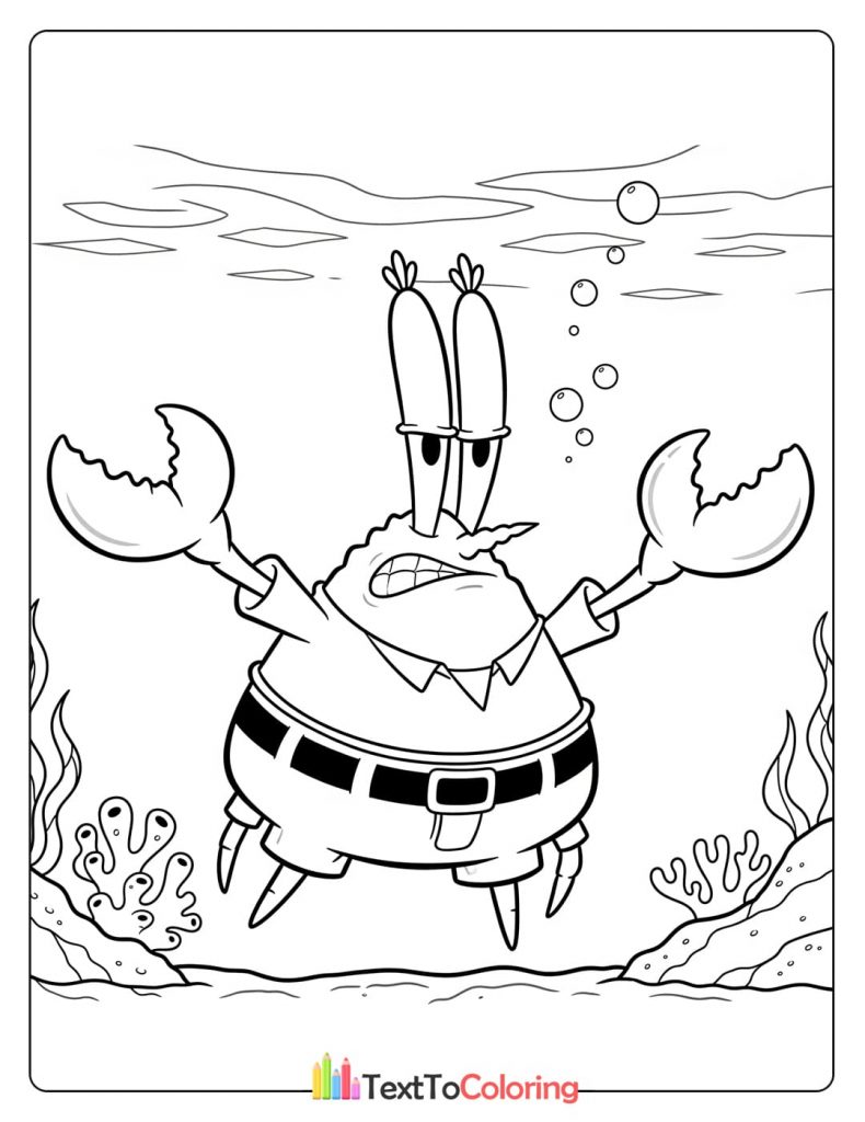 Free printable coloring page of Mr. Krabs under the sea PDF