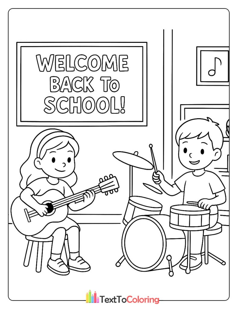 Printable coloring page of kids playing guitar and drums in music class.