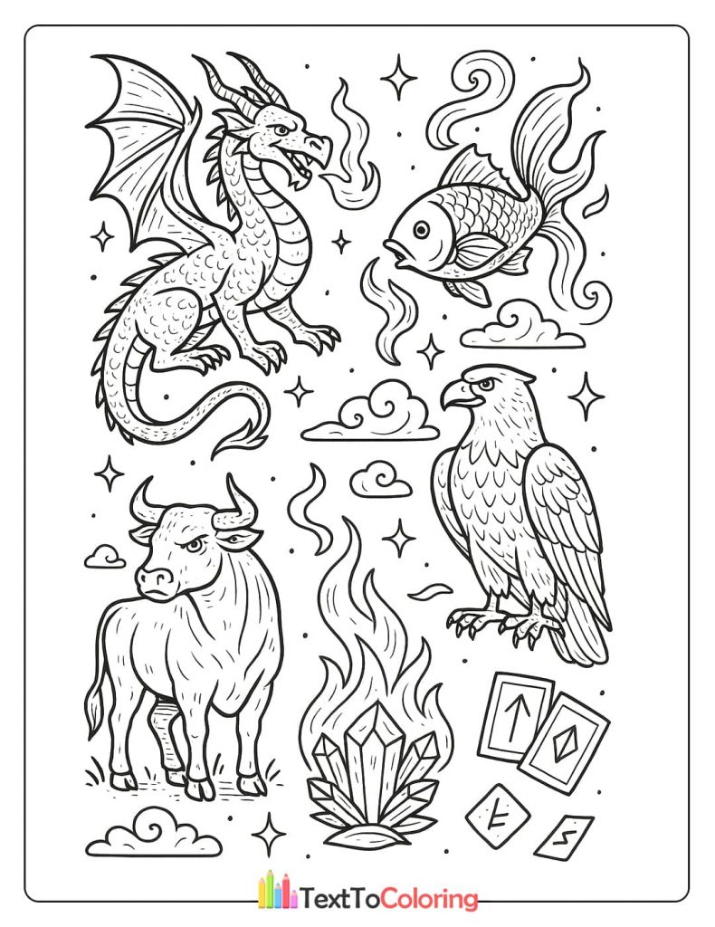 A coloring page collage featuring mythological creatures: a fire-breathing dragon, a bull, an eagle, and a fish. The image also includes a large crystal formation and ancient runes.
