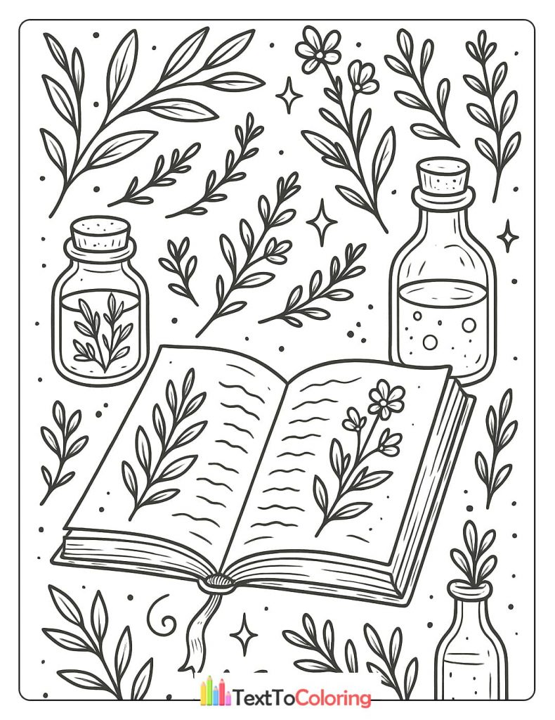 A detailed coloring sheet featuring an open "Book of Shadows" with a flower and leaf drawing. It is surrounded by various glass bottles of liquid and dried herbs, all floating among stars and botanical sprigs.