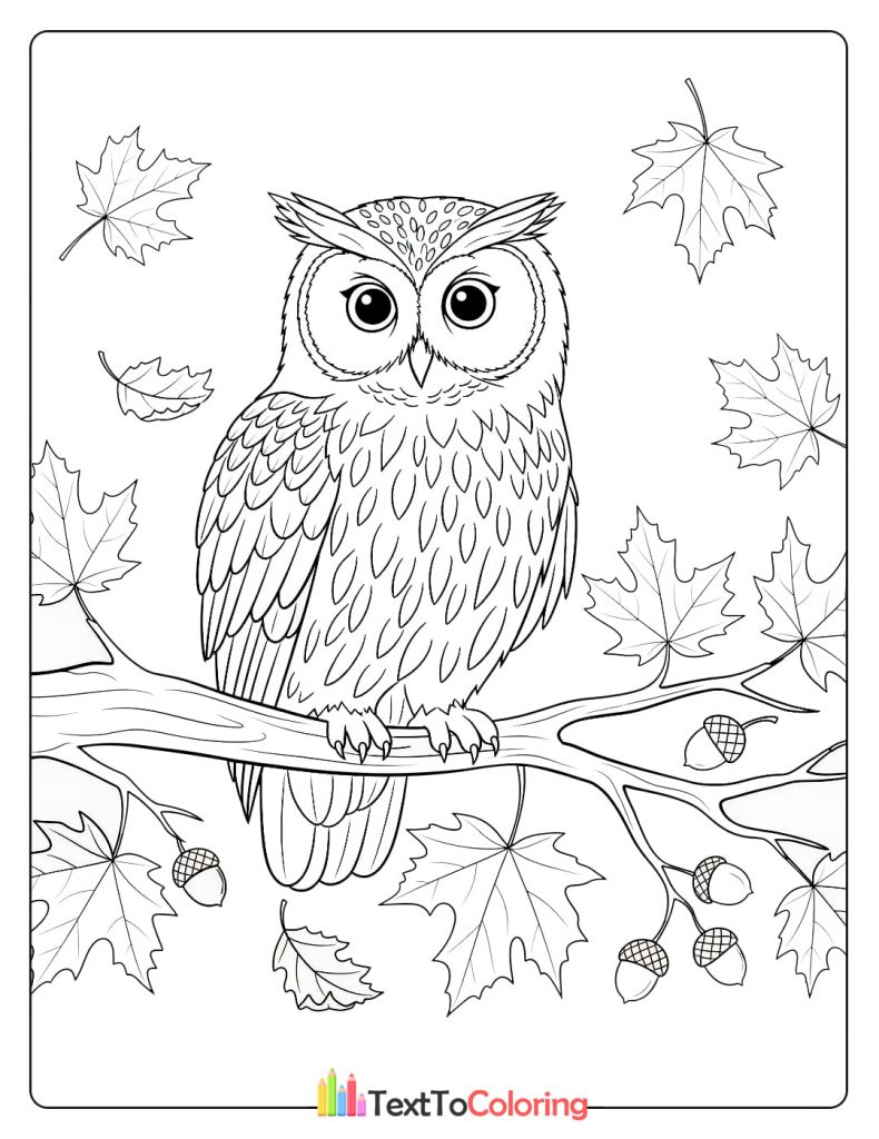 Owl perched on a branch with falling autumn leaves