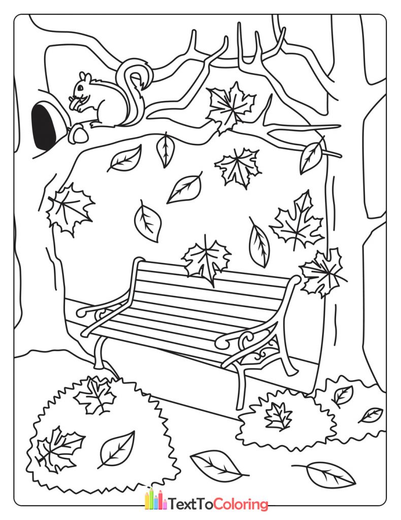 Relaxing autumn park bench scene with fallen leaves.