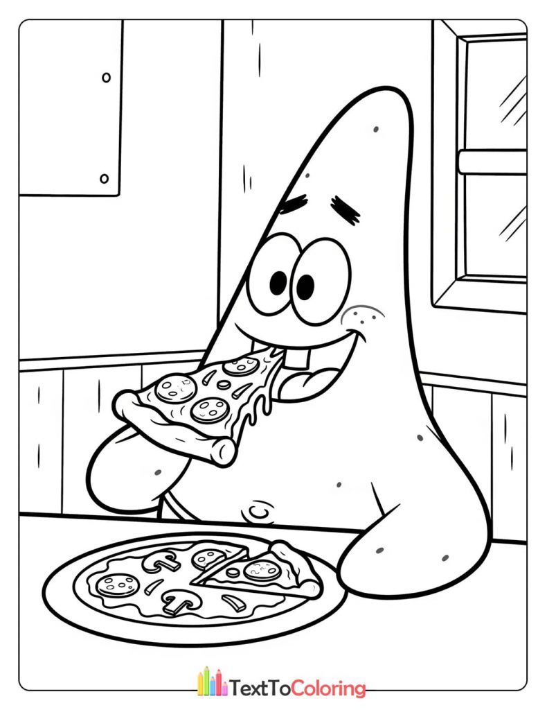 Printable coloring page of Patrick Star happily eating pizza