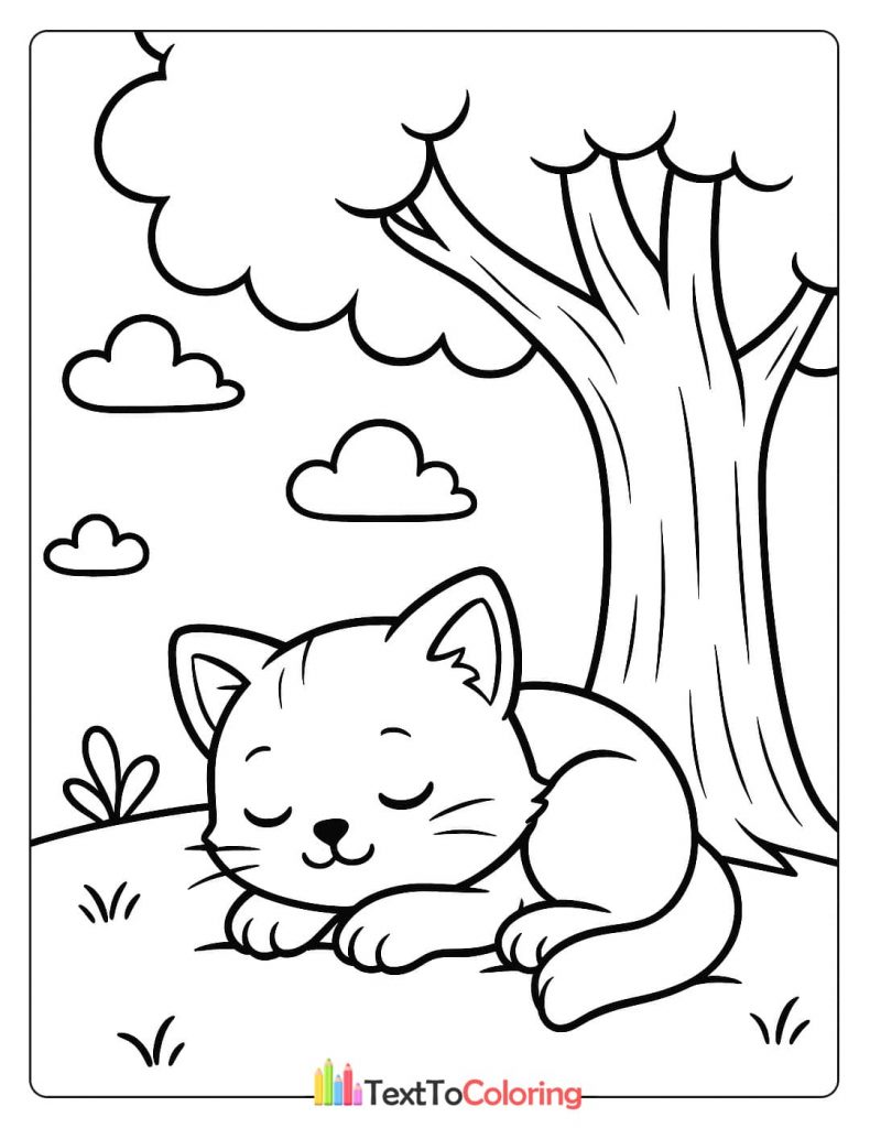 A tranquil coloring page of a calm kitten with its eyes closed, sleeping peacefully under the shade of a big tree.