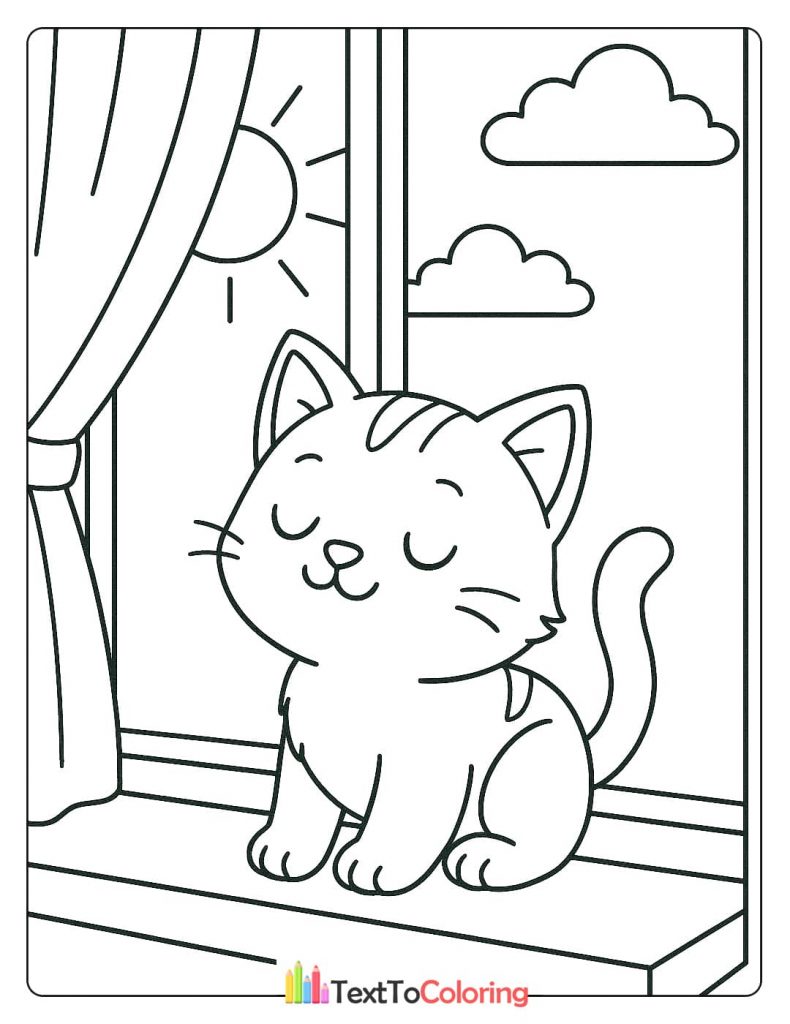 A simple coloring page of a calm kitten sitting on a windowsill, with its eyes closed and the sun shining outside.