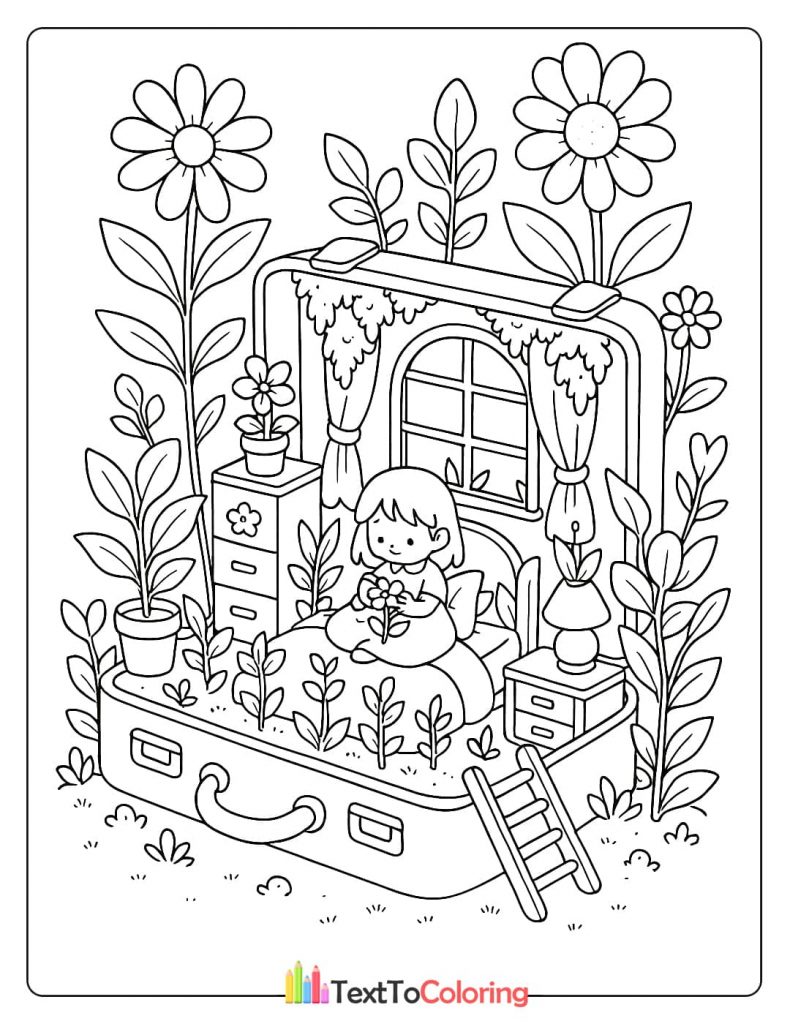 A coloring page of a girl sleeping in a bed surrounded by lush plants and flowers inside a suitcase.