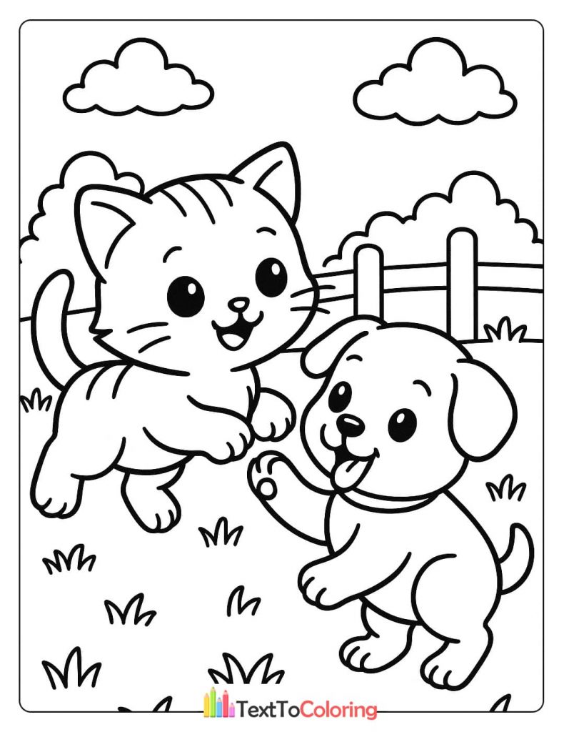 A delightful coloring page showing a playful kitten and a happy puppy running and playing together in a field.