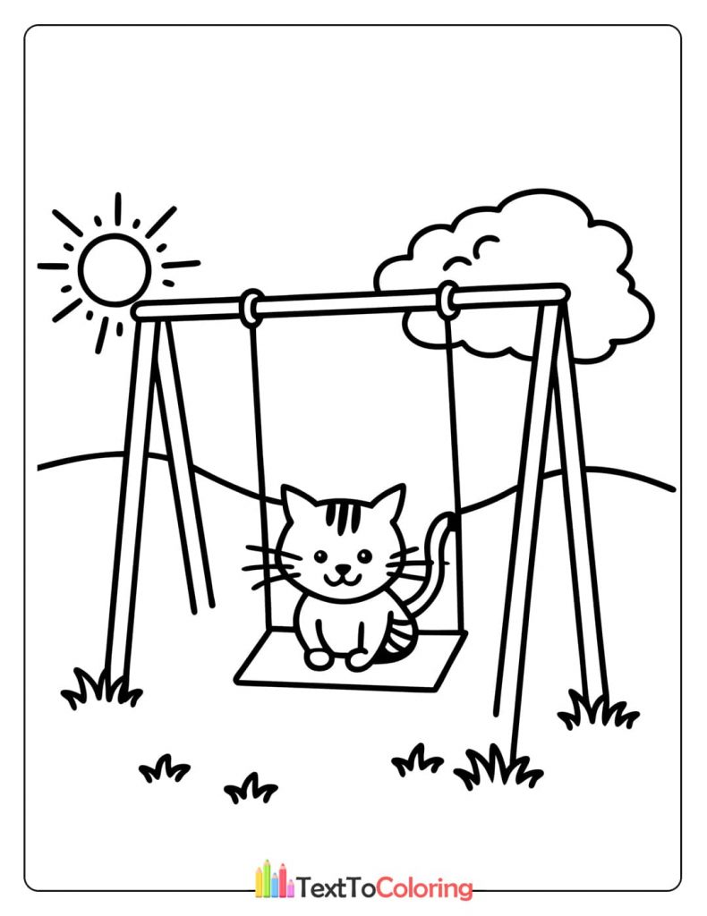 A cute coloring page showing a striped kitten happily swinging on a playground swing on a sunny day.