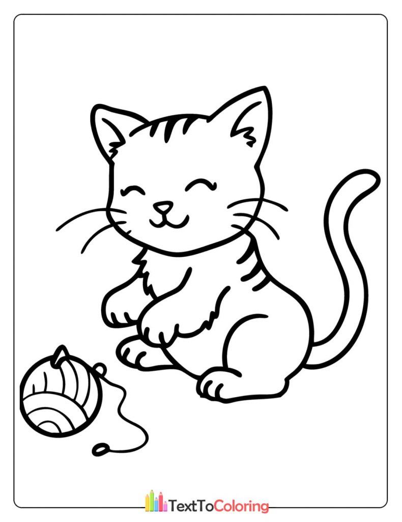 A simple coloring page showing a happy kitten with its eyes closed, sitting next to a ball of yarn with a long string.