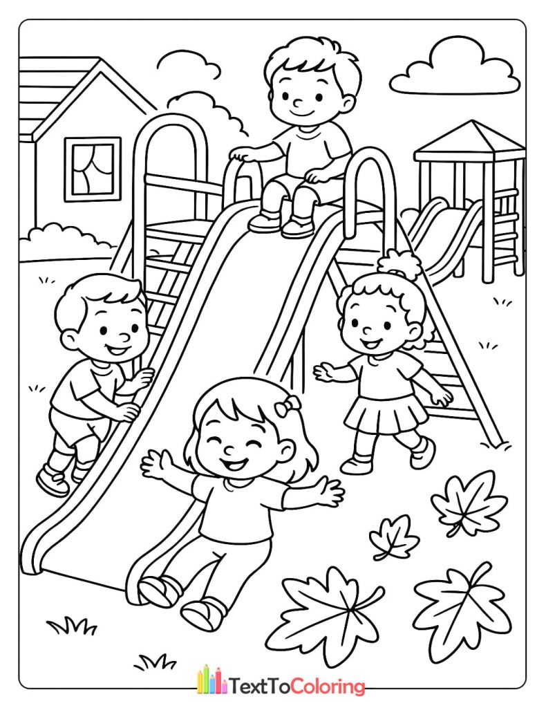 Coloring page of children playing on a slide at the kindergarten playground
