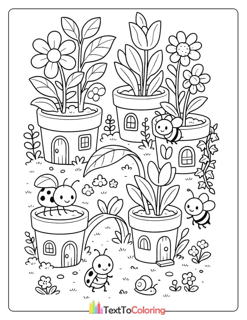 A coloring page of cute bugs living in tiny houses made from flower pots.