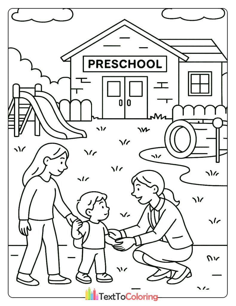 Coloring page of a parent dropping off a child at preschool with teacher greeting