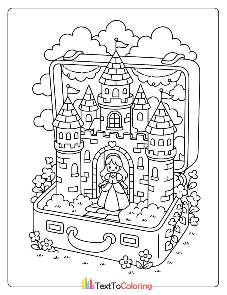 A coloring page of a princess in front of a grand castle inside a suitcase kingdom.