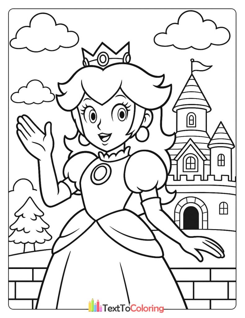 A coloring page of Princess Peach waving near a castle