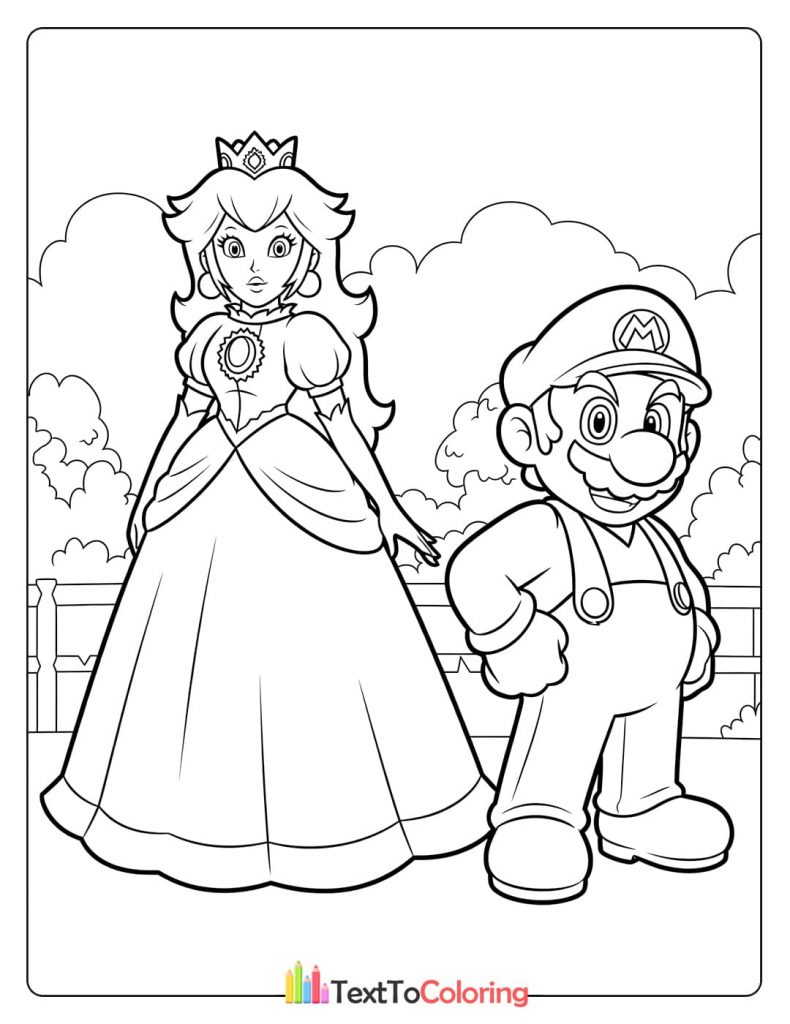 A coloring page of Princess Peach and Mario standing together