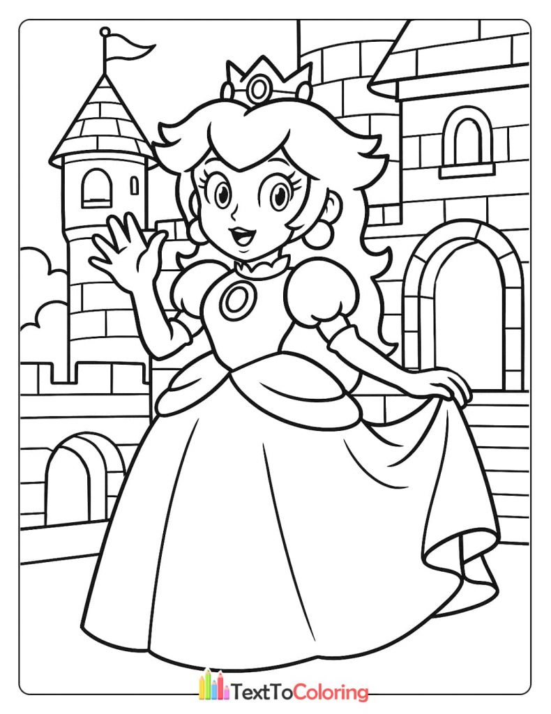 A coloring page of Princess Peach waving in front of her castle