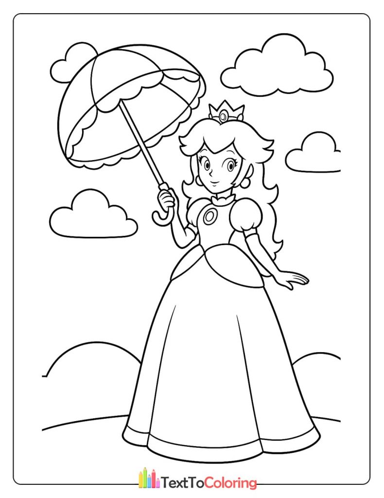 A coloring page of Princess Peach holding an umbrella