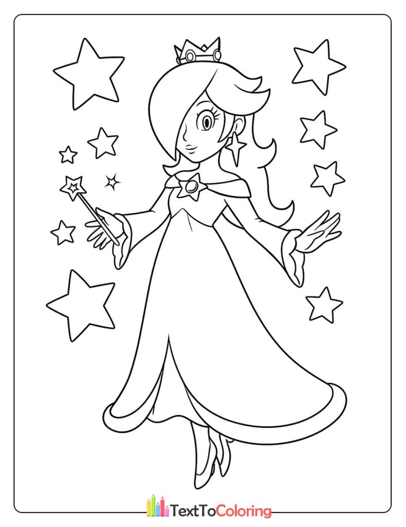 A coloring page of Princess Rosalina surrounded by stars