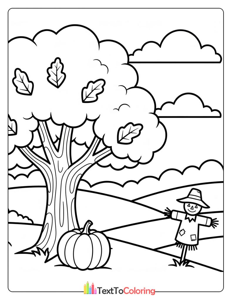 Tree with pumpkins and scarecrow in a fall field