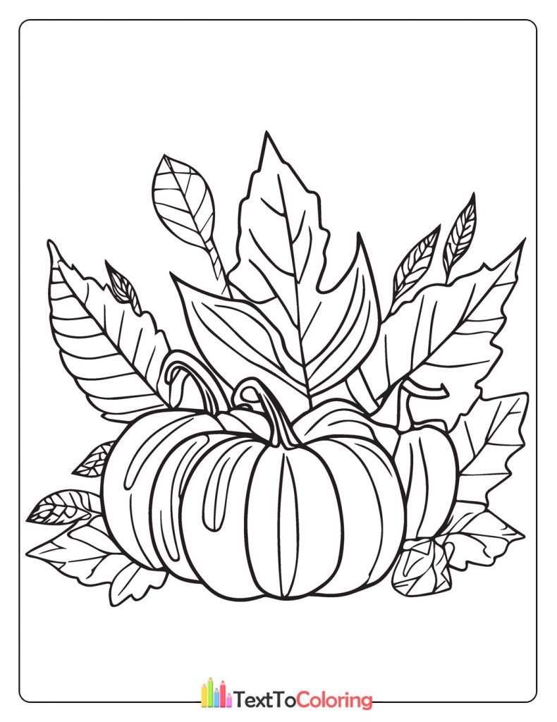 Printable autumn coloring page of pumpkins surrounded by colorful leaves.