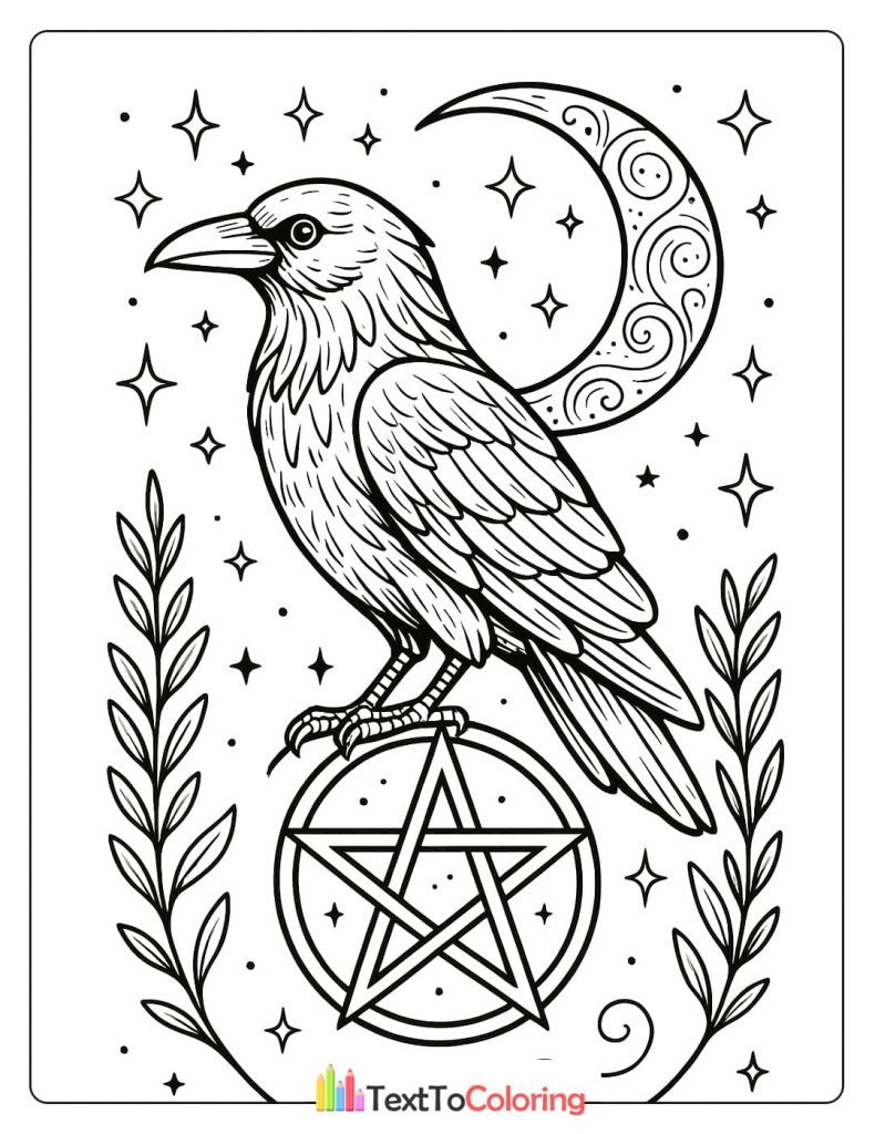 A black and white coloring page depicting a raven perched on a pentagram. The design is set against a backdrop of a crescent moon and scattered stars, with leafy sprigs on each side.