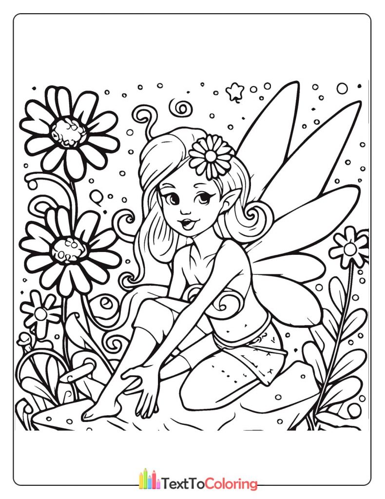 A fantasy coloring page of a fairy with long wavy hair and bare feet, sitting on the ground surrounded by flowers and grass.