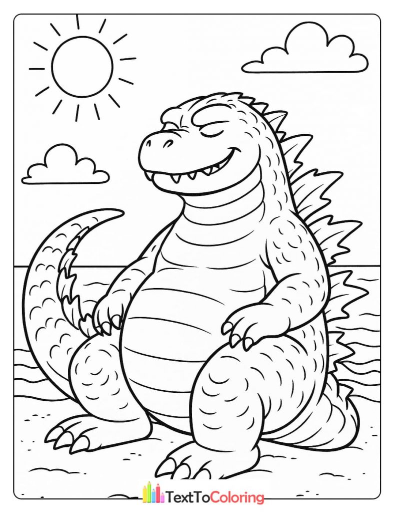 A peaceful coloring page of Godzilla sitting on a beach with its eyes closed, enjoying the sun.