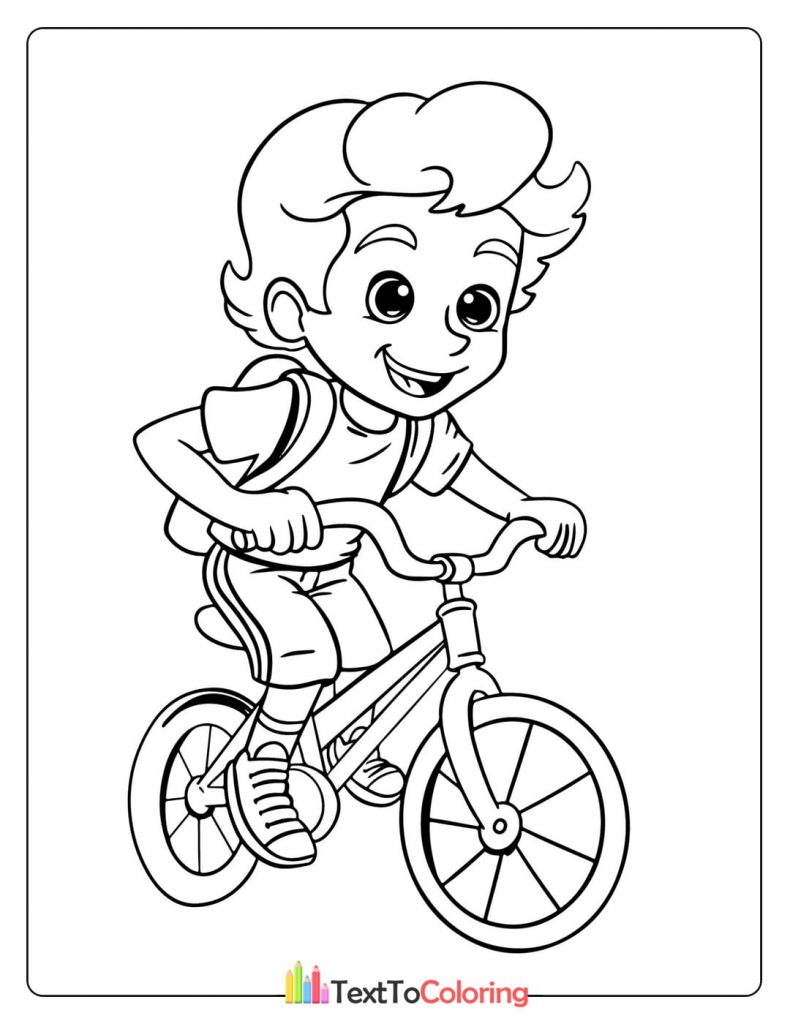 Coloring page of a boy happily riding a bicycle to school