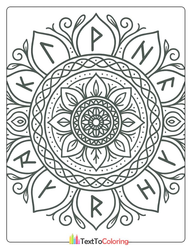 An intricate coloring mandala featuring ancient Viking runes arranged around a central floral design. The runes spell out "FUTHARK," the runic alphabet, making this a spiritual coloring page.