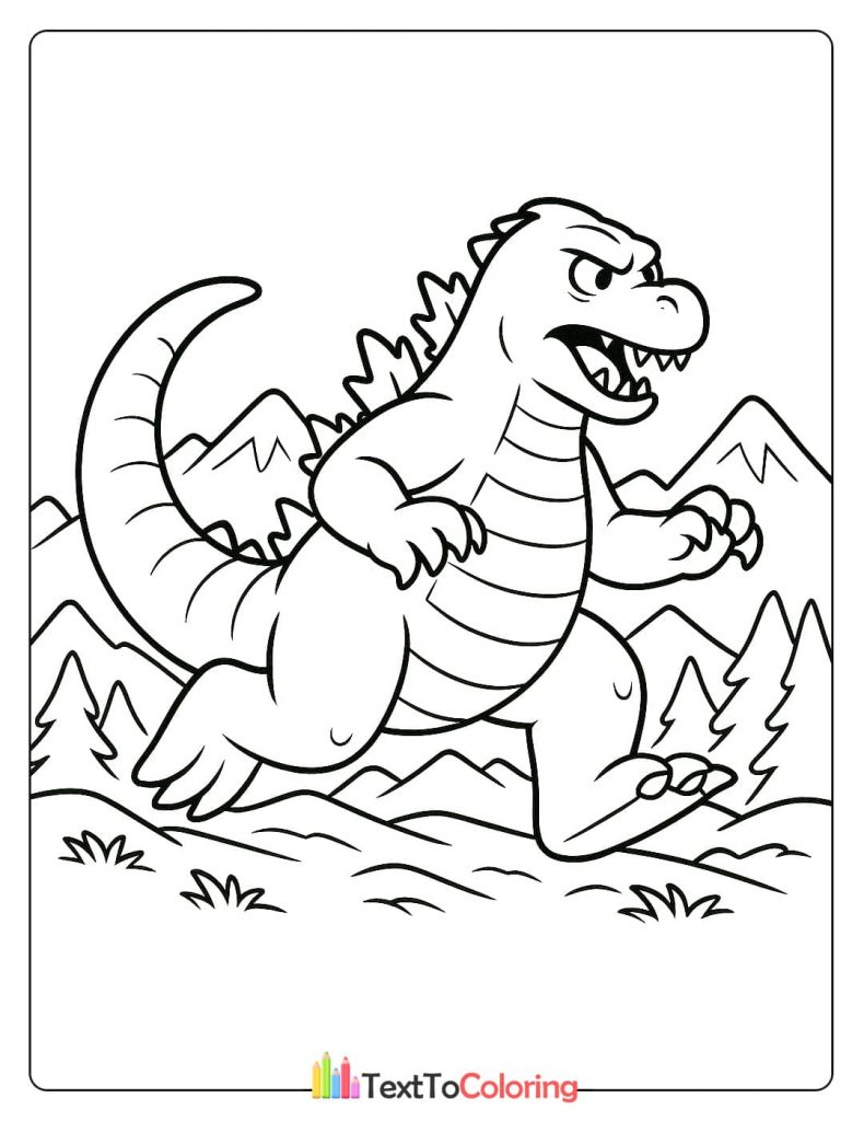 A coloring page of Godzilla running through a mountainous landscape with pine trees.