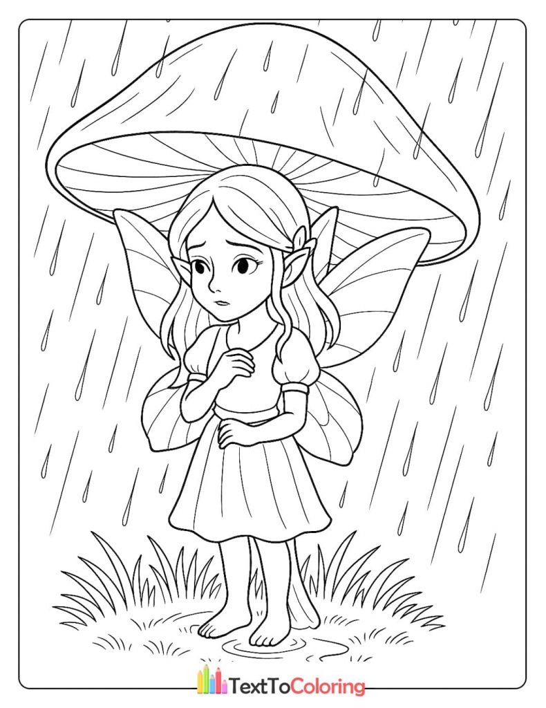 An endearing coloring page of a fairy standing sadly in the rain, sheltering under a large mushroom.