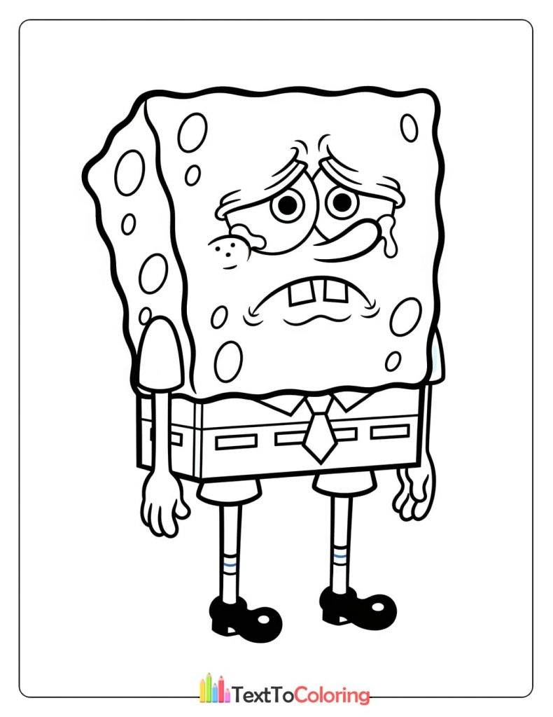 Coloring page of Spongebob looking sad and upset