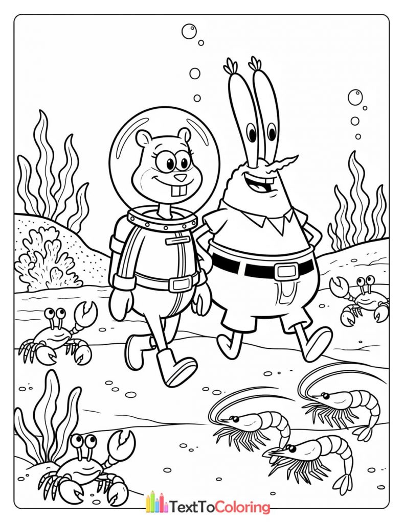 Printable coloring page of Sandy Cheeks and Mr. Krabs walking together